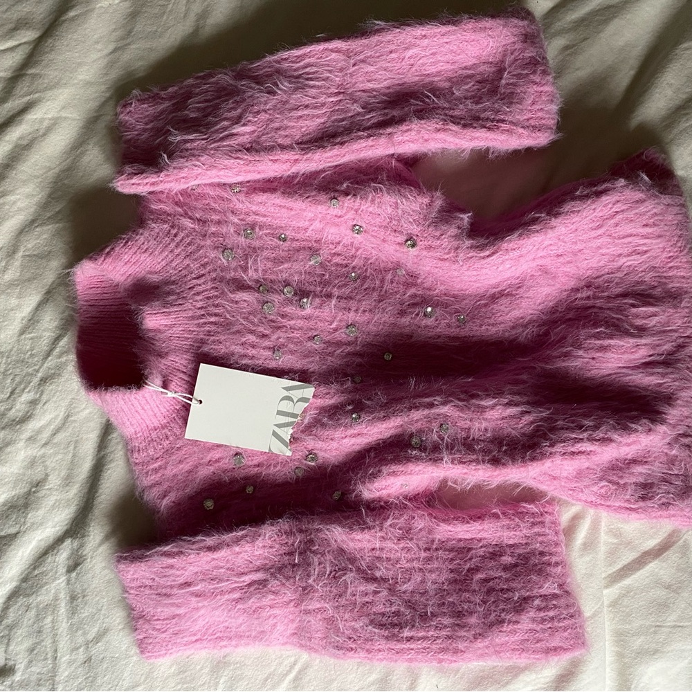 Zara Pink Fuzzy Sweater with Rhinestones